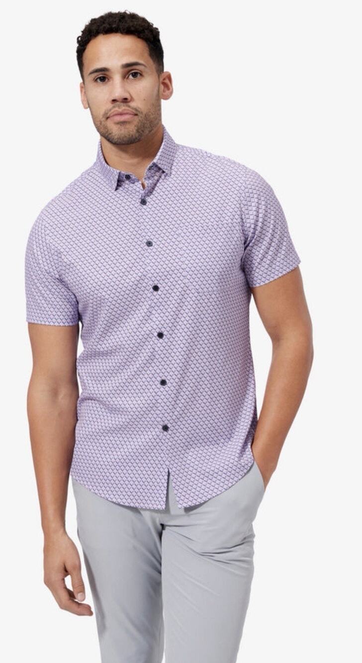 Mizzen + Main Leeward Mens M Trim Fit Lavender Geometric Performance Button Up